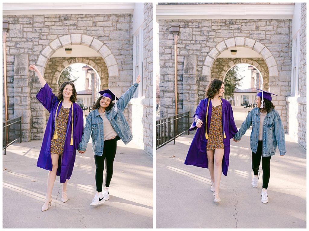 Meg in Cap and Gown on James Madison University Campus